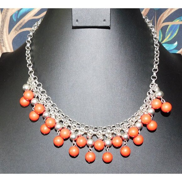 Elegant Bohemian Red And Silver Tone Ball Fringe Necklace - Picture 3 of 3